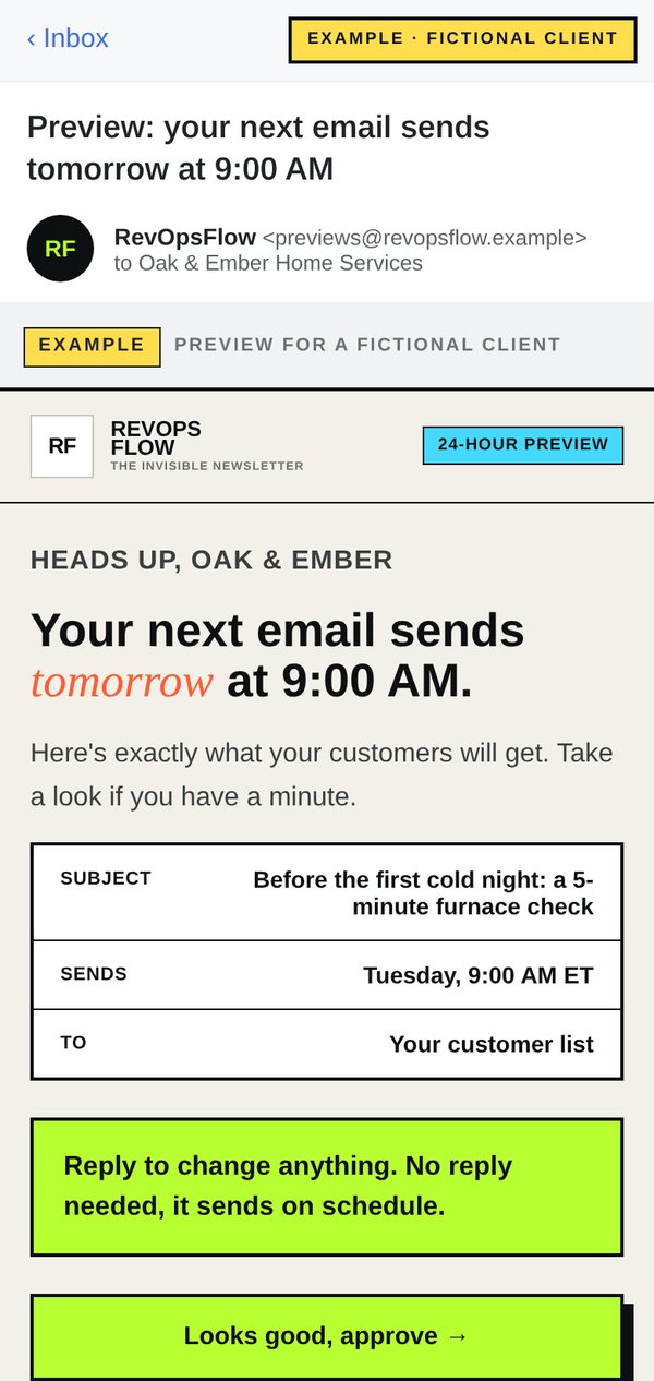 Example 24-hour preview email: Your next email sends tomorrow at 9:00 AM, with approve and request changes buttons