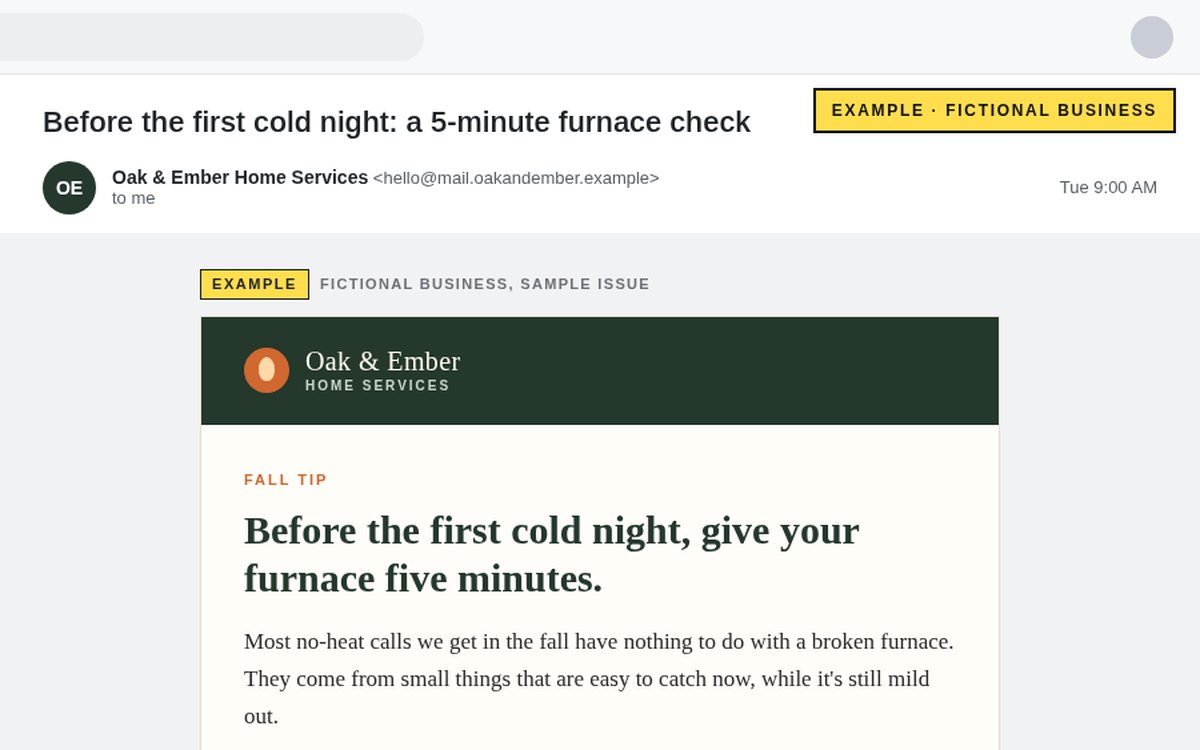 Example newsletter from a fictional home services business, shown in an email inbox